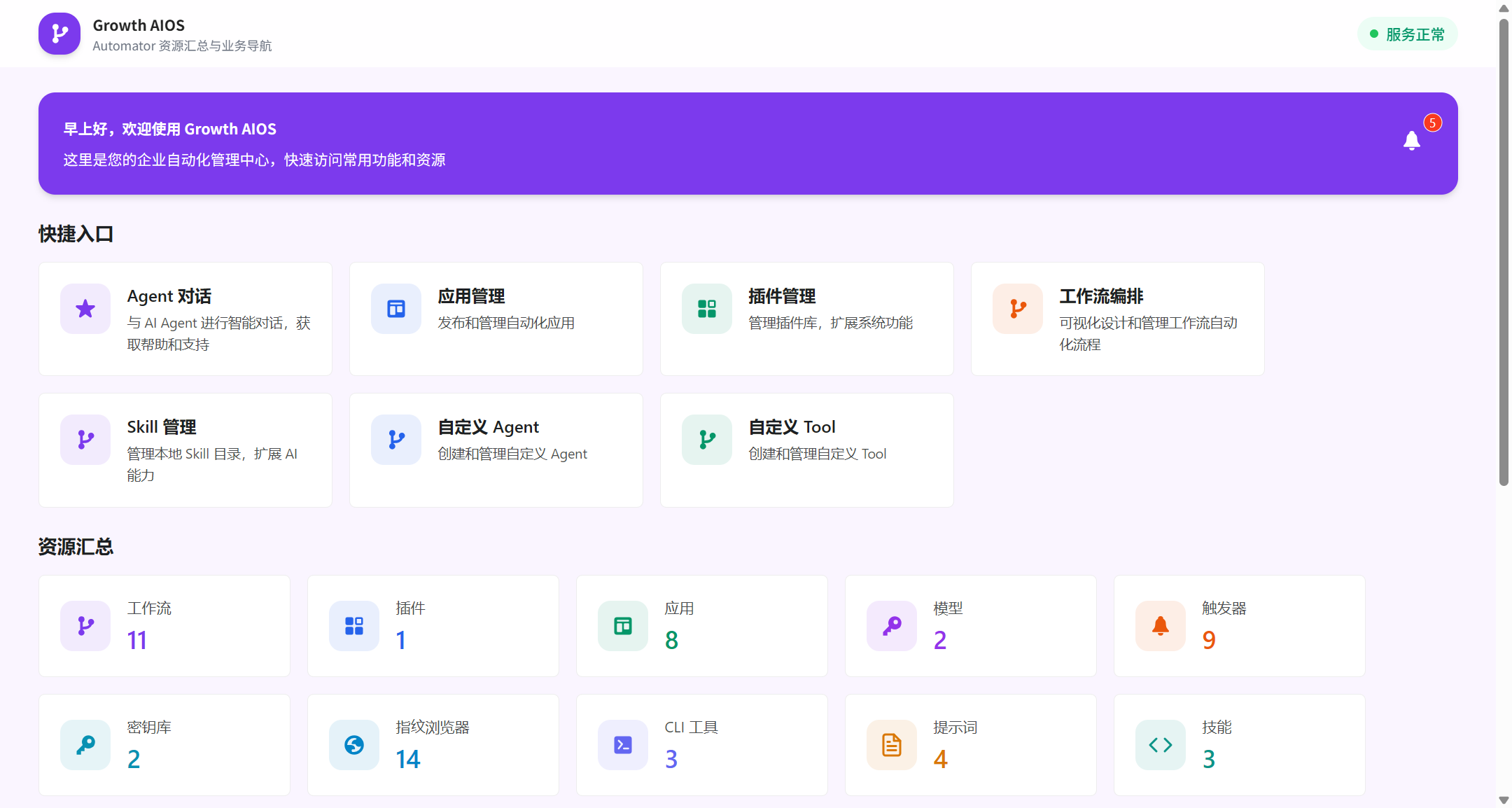Growth AIOS Dashboard - 企业自动化管理中心